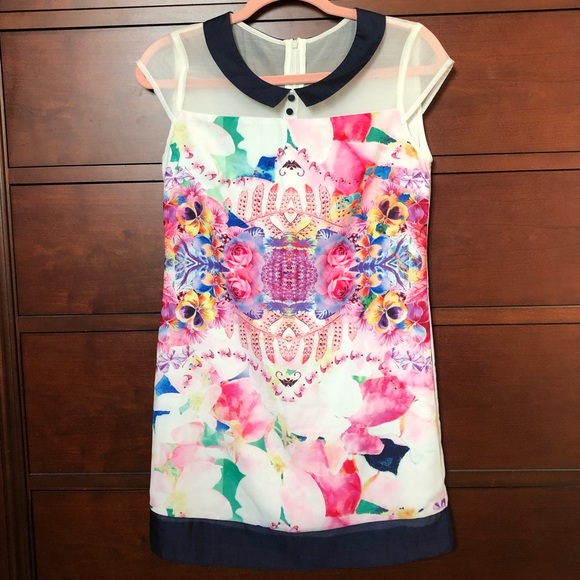 Vibrant Colorful Patterned Collared Mini Shift Dress (Size:Small) - Picture 2 of 8